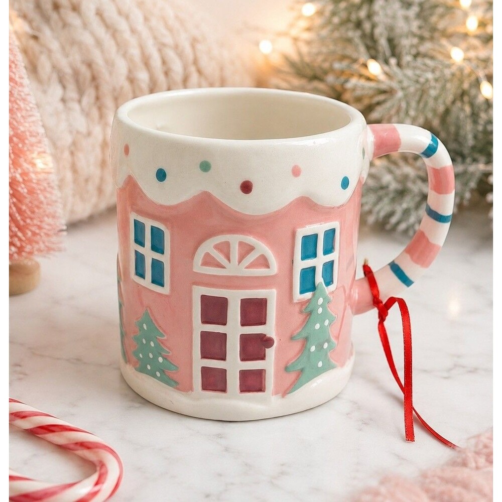 LANG Pink Gingerbread House Christmas Mug Candy Cane Handle Ceramic